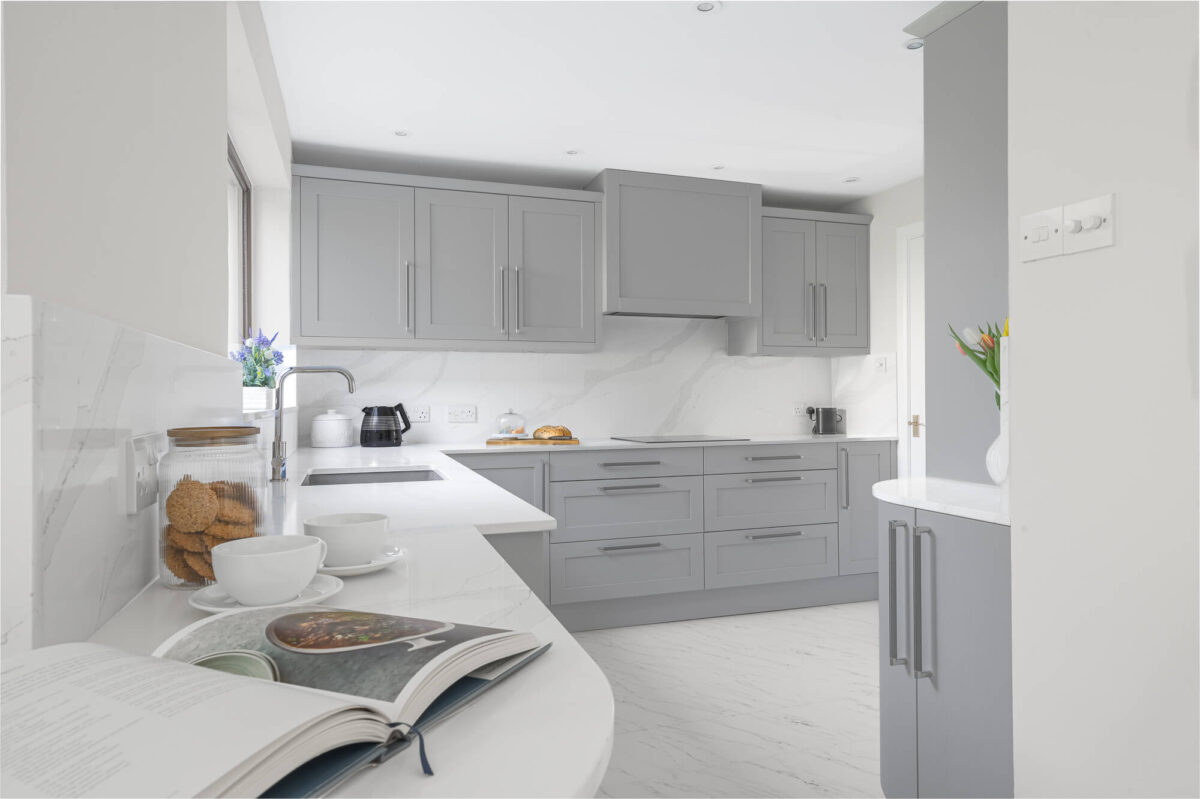 Curved Kitchen in Callerton Grey with quartz worktops